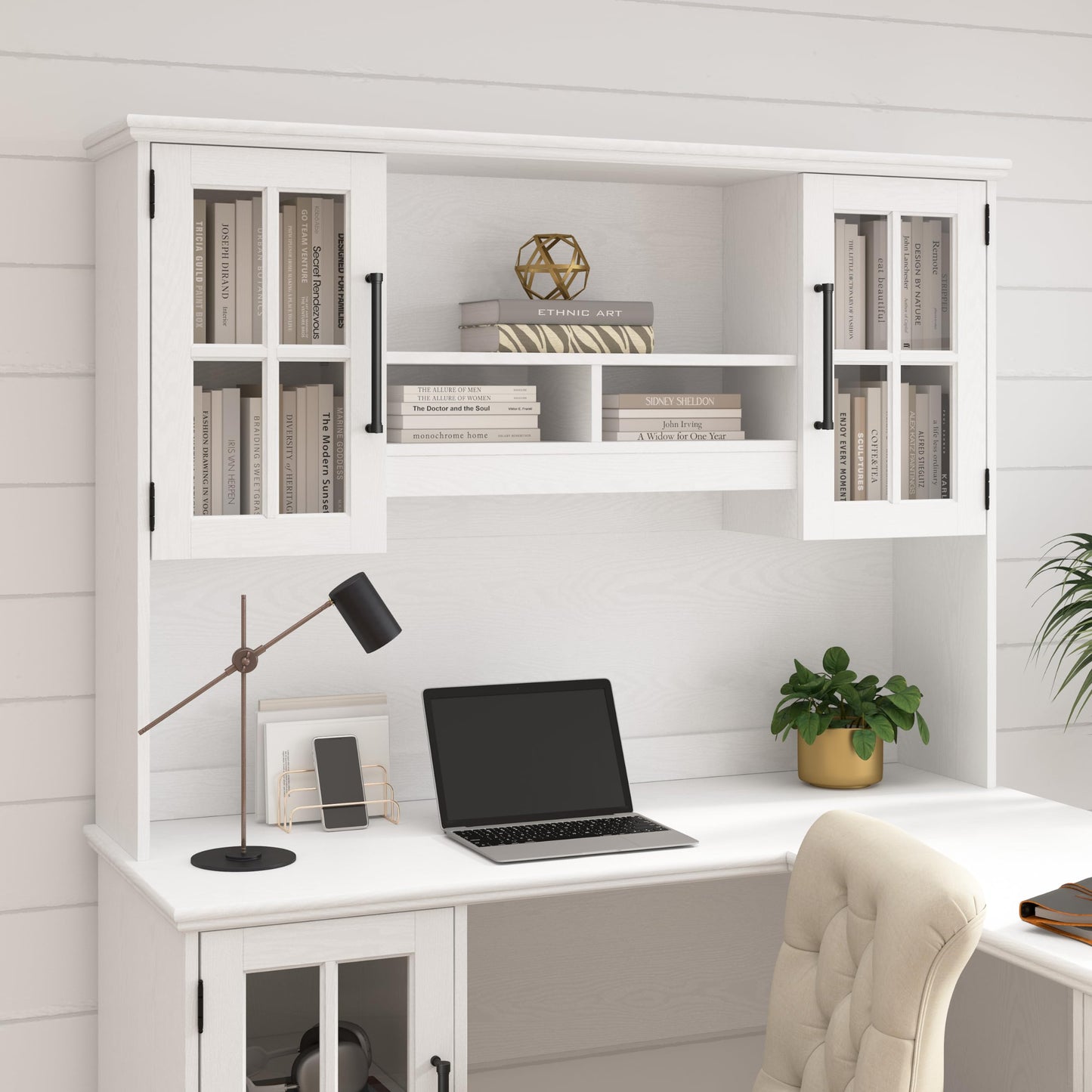 Bush Furniture Westbrook 60W Computer Desk Hutch in White Ash | Dining Room, Living Room, Home Office Storage - WoodArtSupply