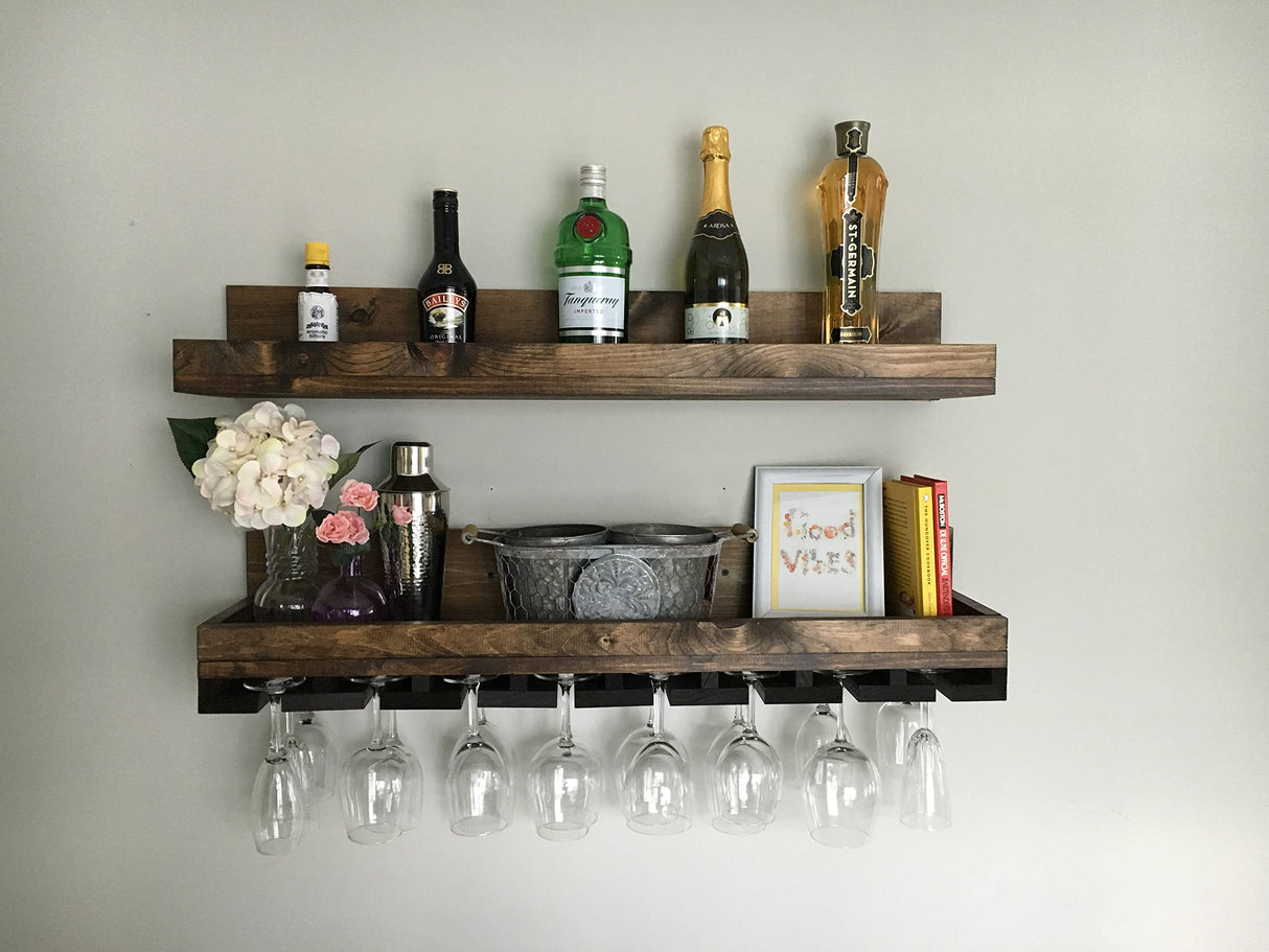 Wall Mounted Wood Wine Rack Shelf Set with Stemware Holders (RYAN) (30 inches) DistressedMeNot