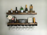Wall Mounted Wood Wine Rack Shelf Set with Stemware Holders (RYAN) (30 inches) DistressedMeNot