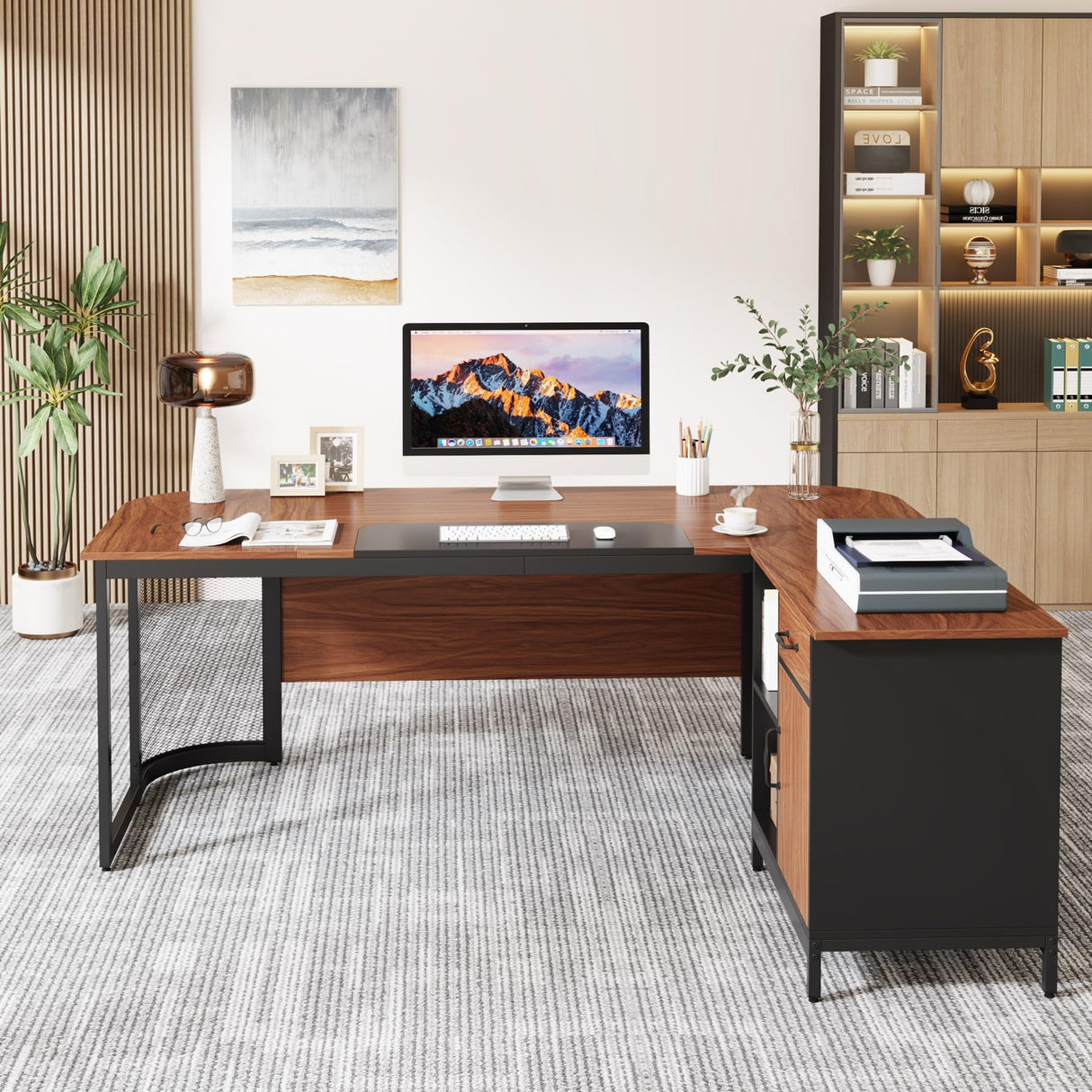 Tribesigns 63" Executive Desk, L-Shaped Desk with Drawer Cabinet, Large Corner Executive Office Desk with Storage Shelves, Business Furniture Set Workstation for Home Office (Brown & Black) Tribesigns