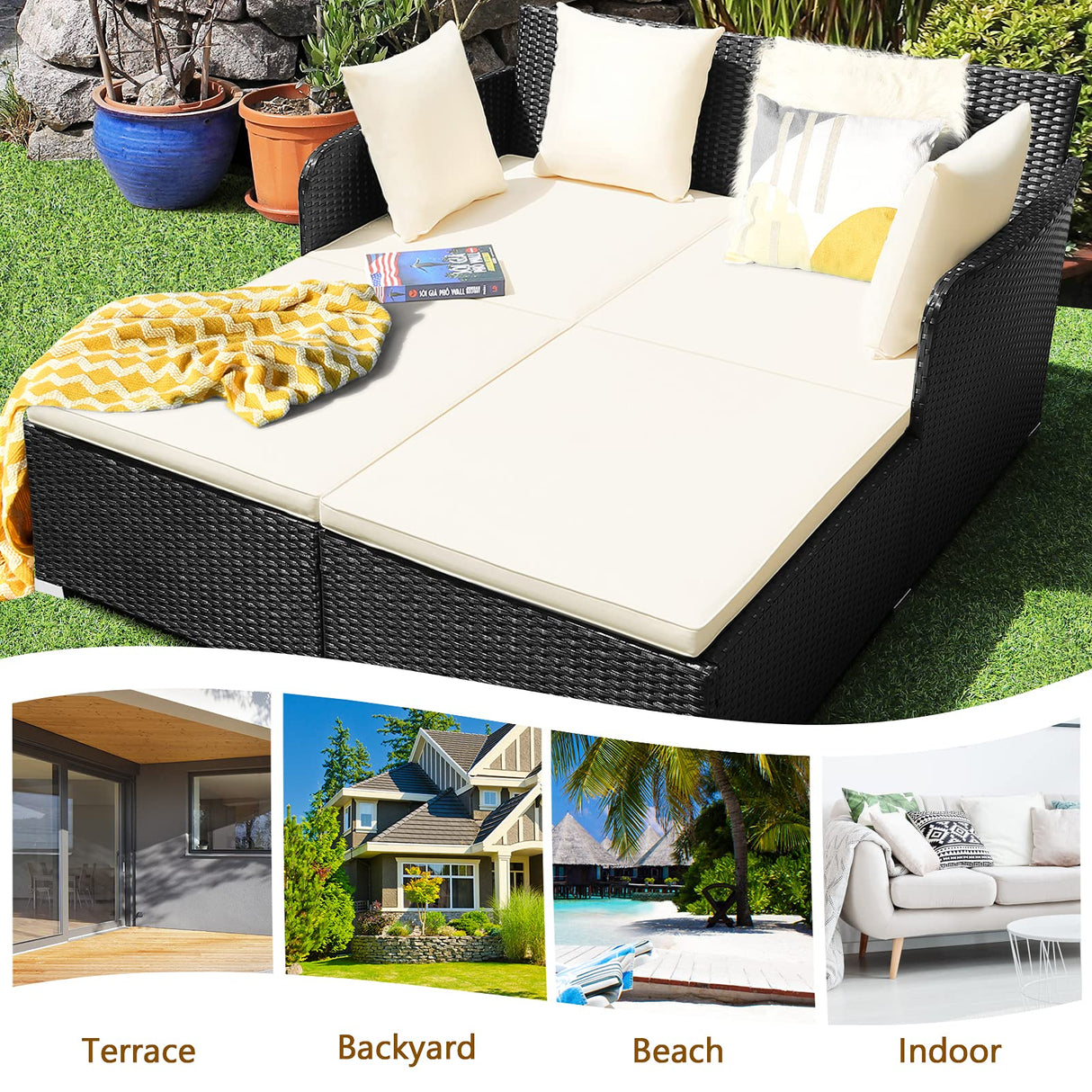 HAPPYGRILL Outdoor Daybed Rattan Wicker Patio Daybed with Padded Cushions Pillows and Sturdy Aluminum Foot, Patio Sofa Furniture Set for Garden Porch Poolside HAPPYGRILL