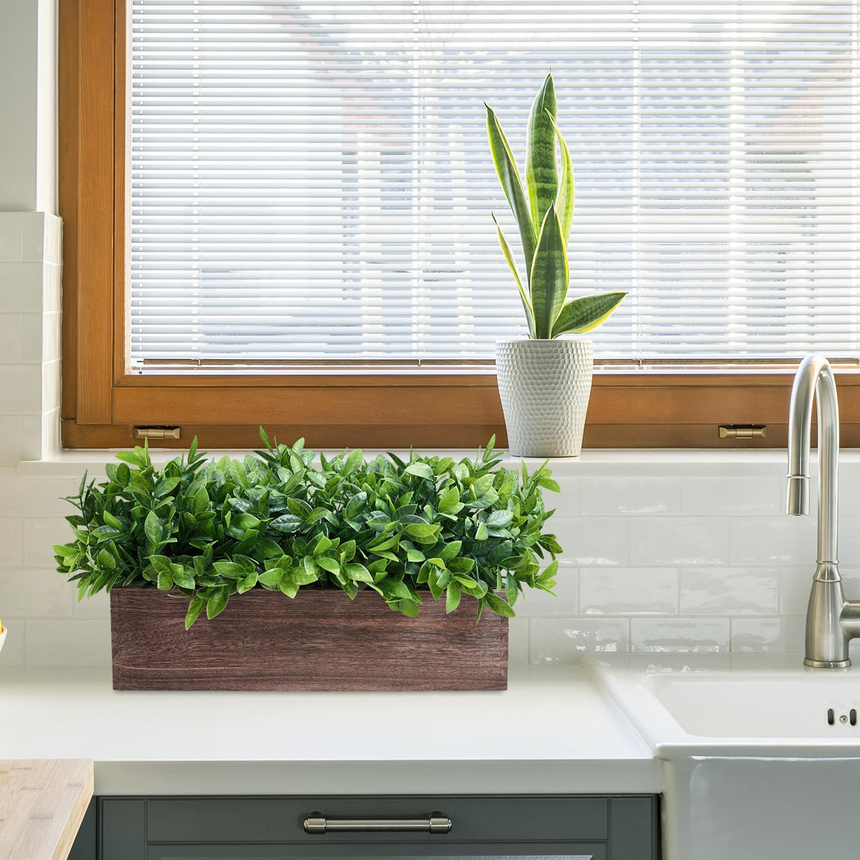 Winlyn 14" Artificial Boxwood Plants in Rectangular Wood Planter Farmhouse Greenery Arrangement Centerpiece Faux Potted Herb Plant for Wedding Dining Room Table Kitchen Windowsill Mantel Shelf Décor Winlyn