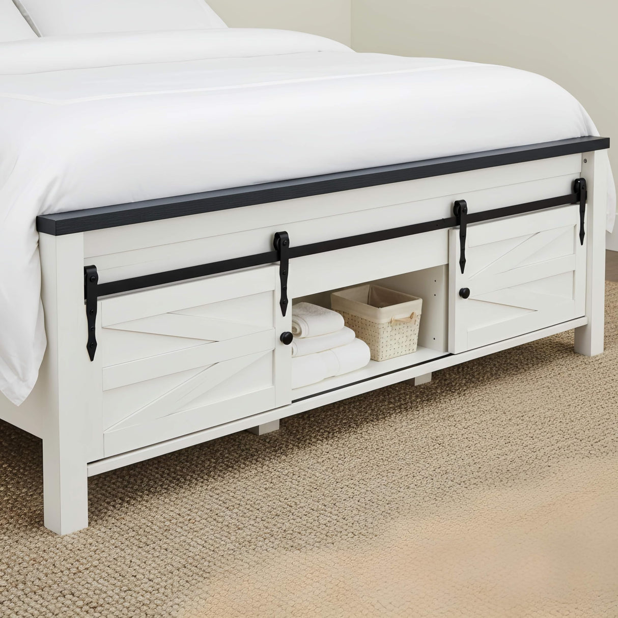 ACCOHOHO Farmhouse Full Size Bed Frame with Barn Door Storage, Platform Bed Frame with Headboard, Rustic Bed, Solid Wood Slats Support/Noiseless/No Box Spring Needed (White) ACCOHOHO