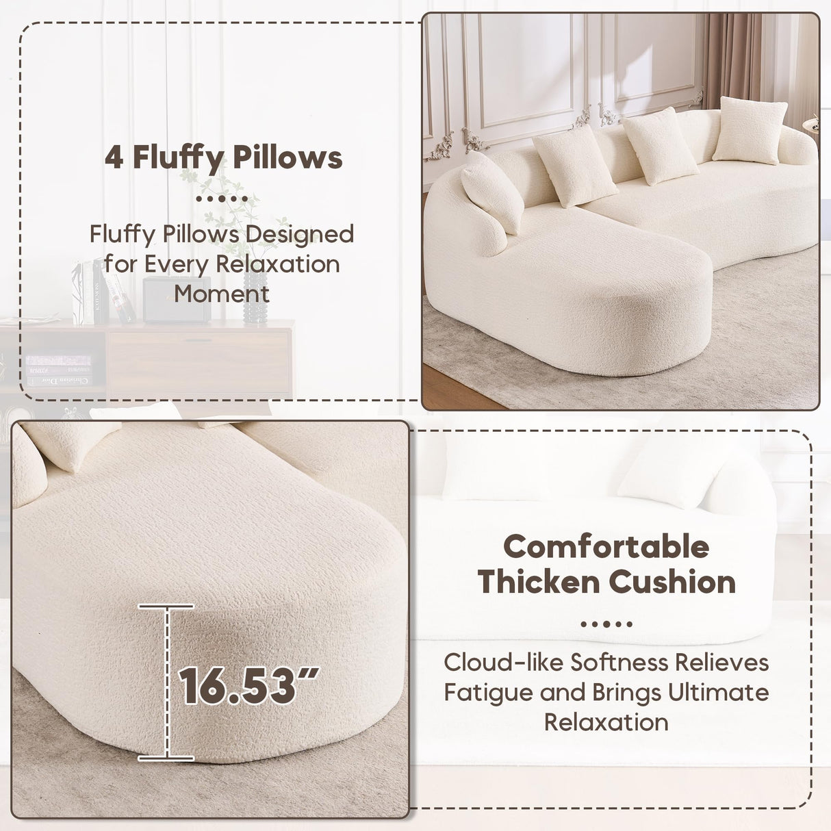 VYNELITO Oversized Sectional Sofa with Chaise for Living Room, 99" Modern Luxury Chenille 4-Seater Sofa Extra Wide Seat L-Shape Curved Cloud Couch with 4 Throw Pillows, White VYNELITO