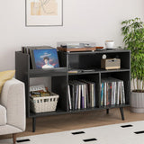 Record Player Stand with Charging Station & USB Ports, Mid-Century Turntable Stand Table Holds Up to 300 Albums, Vinyl Record Storage Cabinet with Wood Legs for Living Room Office (Black) Oubayajia