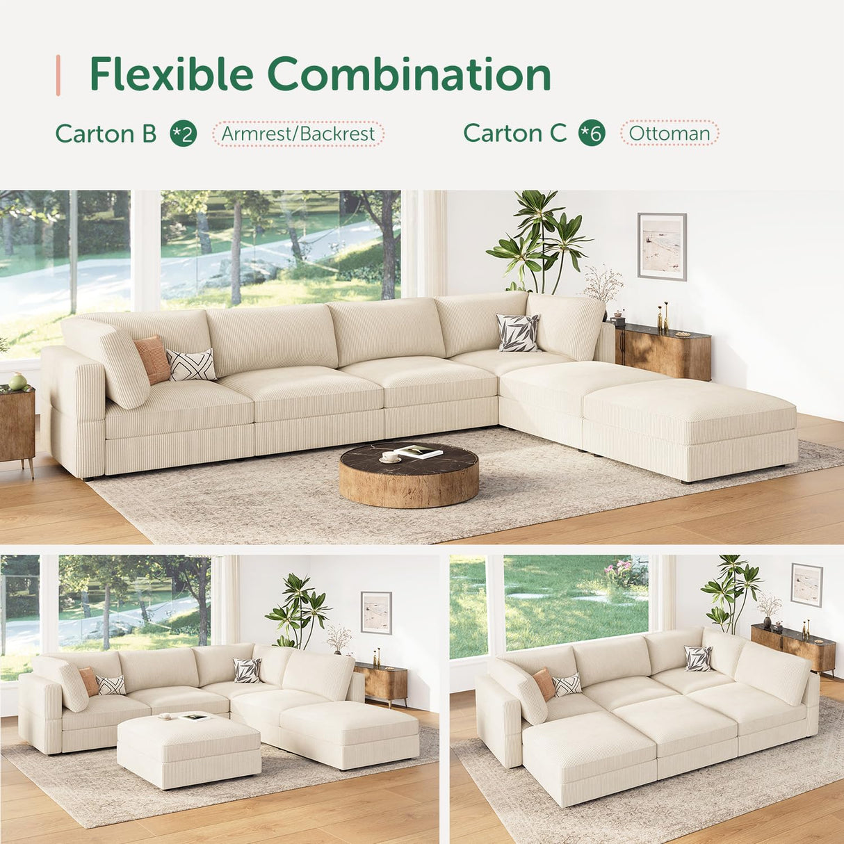HONBAY Modular Sectional Couch with Storage Corduroy Sectional Sofa with Chaise U Shaped Sectional Couches for Living Room,Beige HONBAY