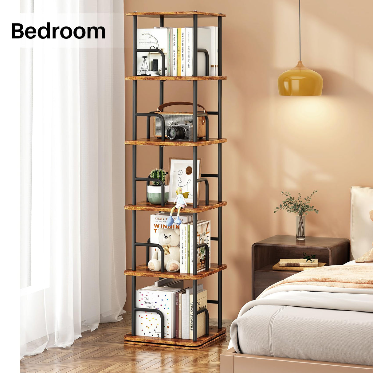 Branwick Rotating Bookshelf 5 Tier 360° Accessibility, Revolving Bookcase Spinning Bookshelf Tower, Wood Narrow Space Saving Book Shelf Organizer for Bedroom, Living Room, Study Room Branwick