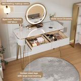 KDCAS Modern Vanity Desk with Mirror and Lights, 39" White and Gold Makeup Vanity Table with 2 Storage Drawers, Stylish Gold Dressing Table for Small Spaces & Bedroom KDCAS