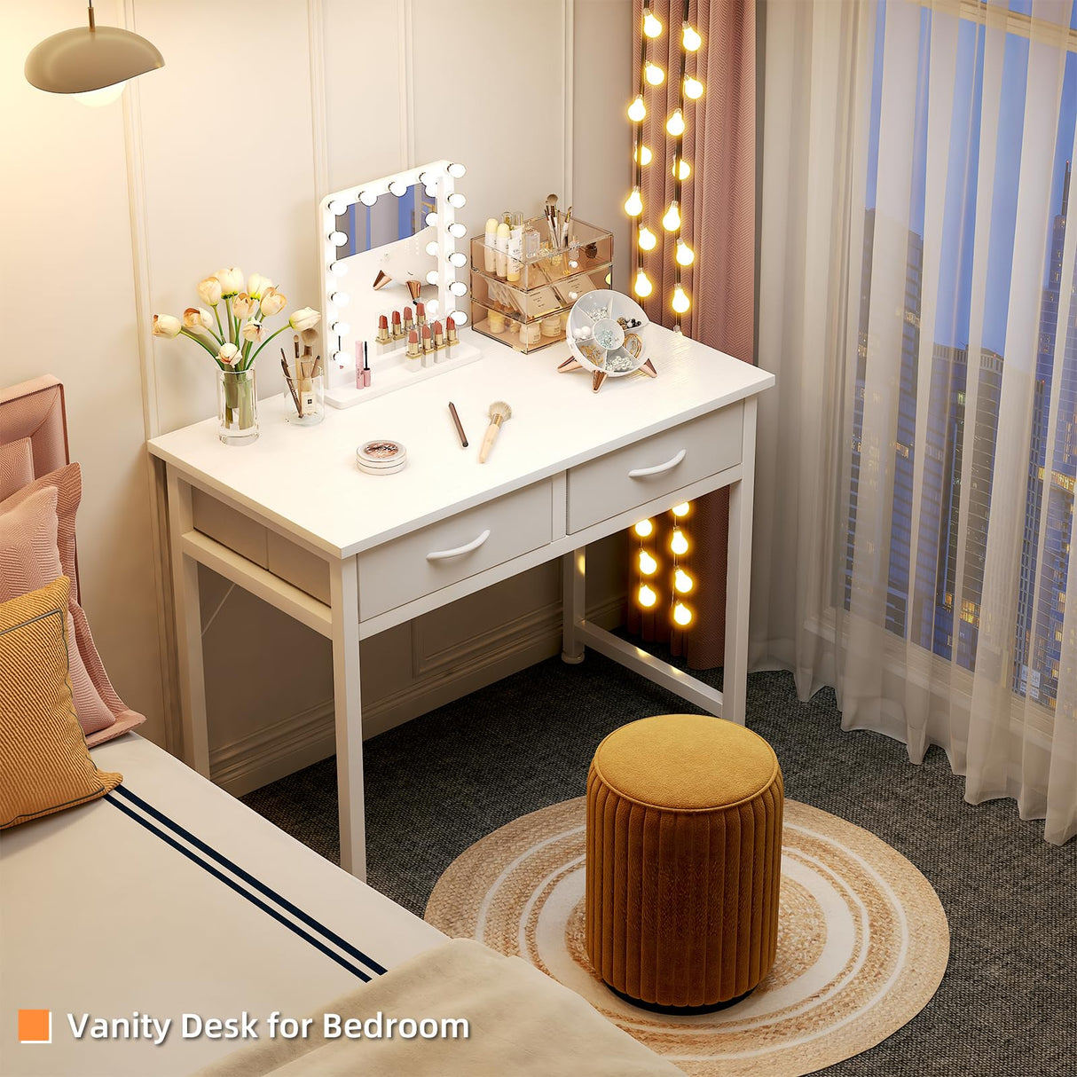 CAIYUN Small Desk with Fabric Drawers, 32 Inch White Vanity Desk for Bedroom, Home Office Computer Desk for Small Space, Modern Work Laptop Study Table, Kids Writing Desk with Storage Bag & Hook CAIYUN