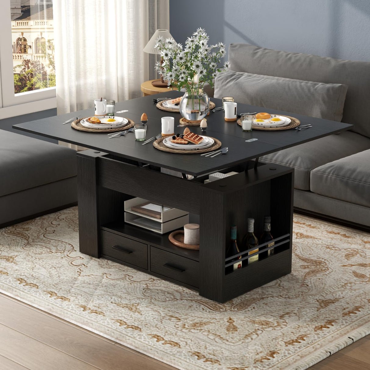 Lift Top Coffee Table, 4 in 1 Multi-Function Coffee Table with Storage Shelf and Hidden Compartment, Center Table with Large Drawers, Converts to Dining Table for Living Room, Home Office (Black) Gyfimoie
