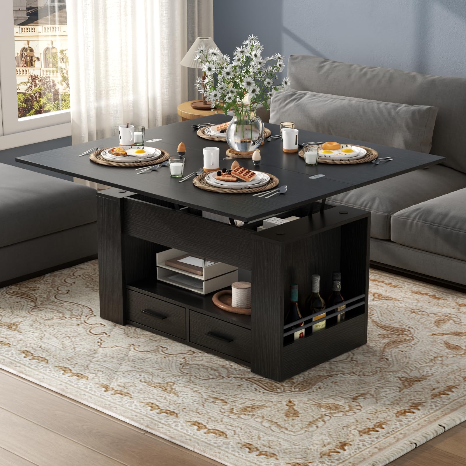 Lift Top Coffee Table, 4 in 1 Multi-Function Coffee Table with Storage Shelf and Hidden Compartment, Center Table with Large Drawers, Converts to Dining Table for Living Room, Home Office (Bl - WoodArtSupply