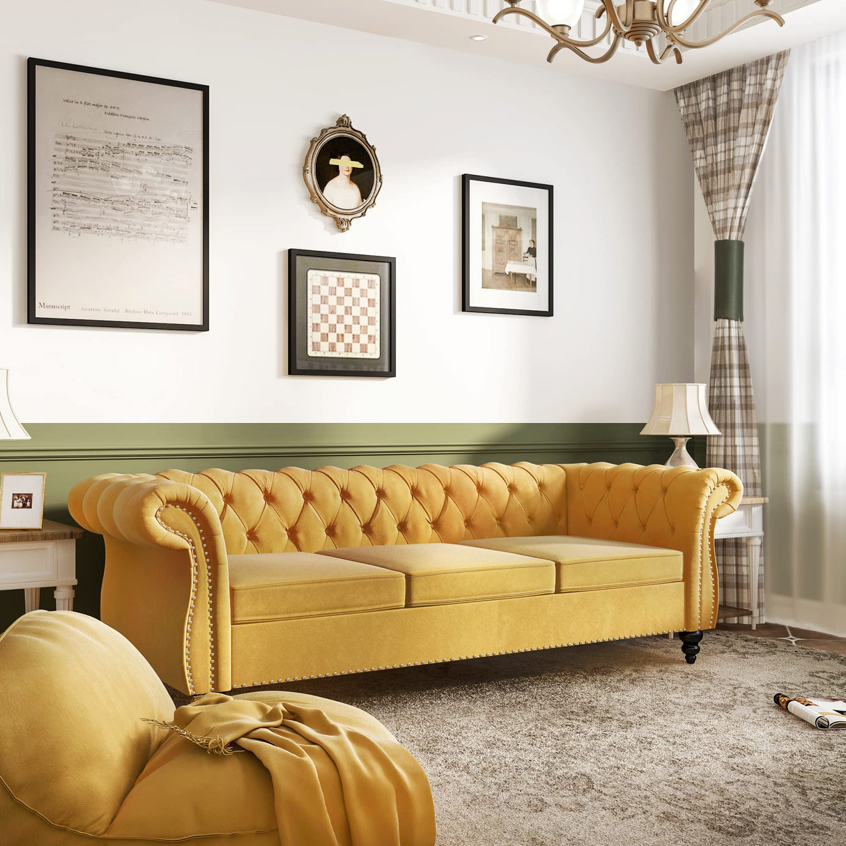 PHOYAL Modern 3 Seater Couch, Large Sofa Furniture, Roll Arm Classic Tufted Chesterfield Settee Velvet Sofa with Channel Tufted Seat Back for Living Room, Yellow PHOYAL