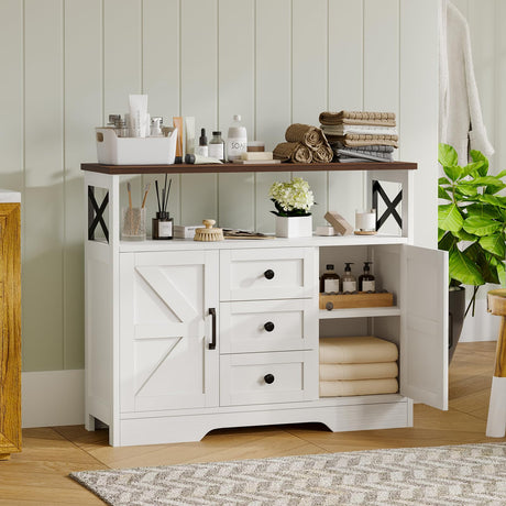 YGEOMER Buffet Cabinet Sideboard Farmhouse Coffee Bar with 3 Drawers and 2 Doors, Wood Kitchen Table Wine Bar Storage Cabinet for Dining Room YGEOMER