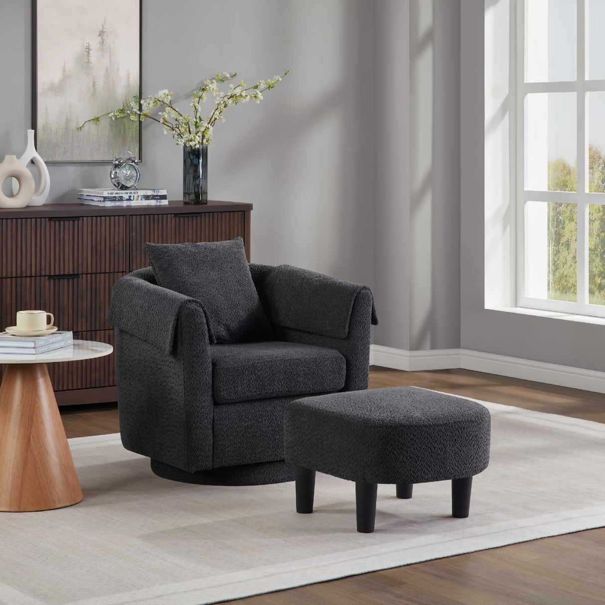 FLEXISPOT Swivel Accent Chair with Ottoman – Modern Chenille Barrel Armchair with Removable Back Pillow & Armrest Covers for Living Room, Bedroom, or Office, Black FLEXISPOT