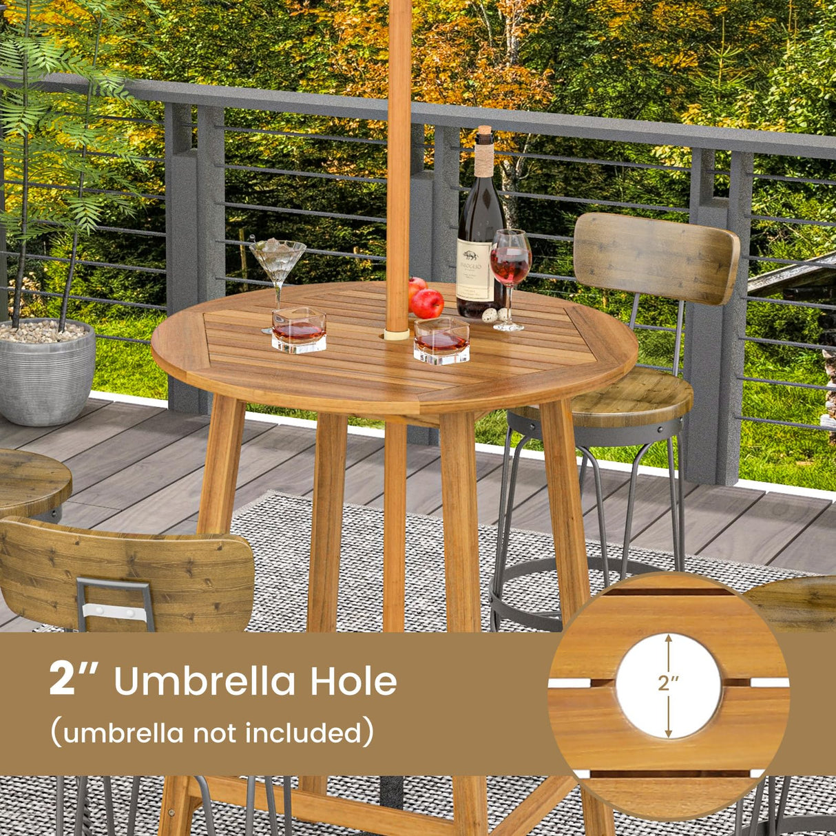 Tangkula 31.5” Natural Acacia Wood Round Patio Bar Table with Umbrella Hole Tangkula