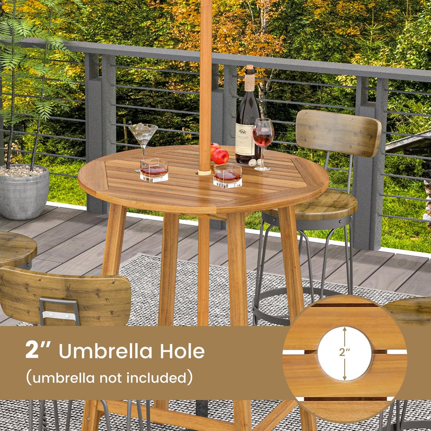 Tangkula 31.5” Acacia Wood Patio Bar Table, Round Bistro Table with Umbrella Hole, Outdoor Dining Table for Garden, Backyard, Poolside