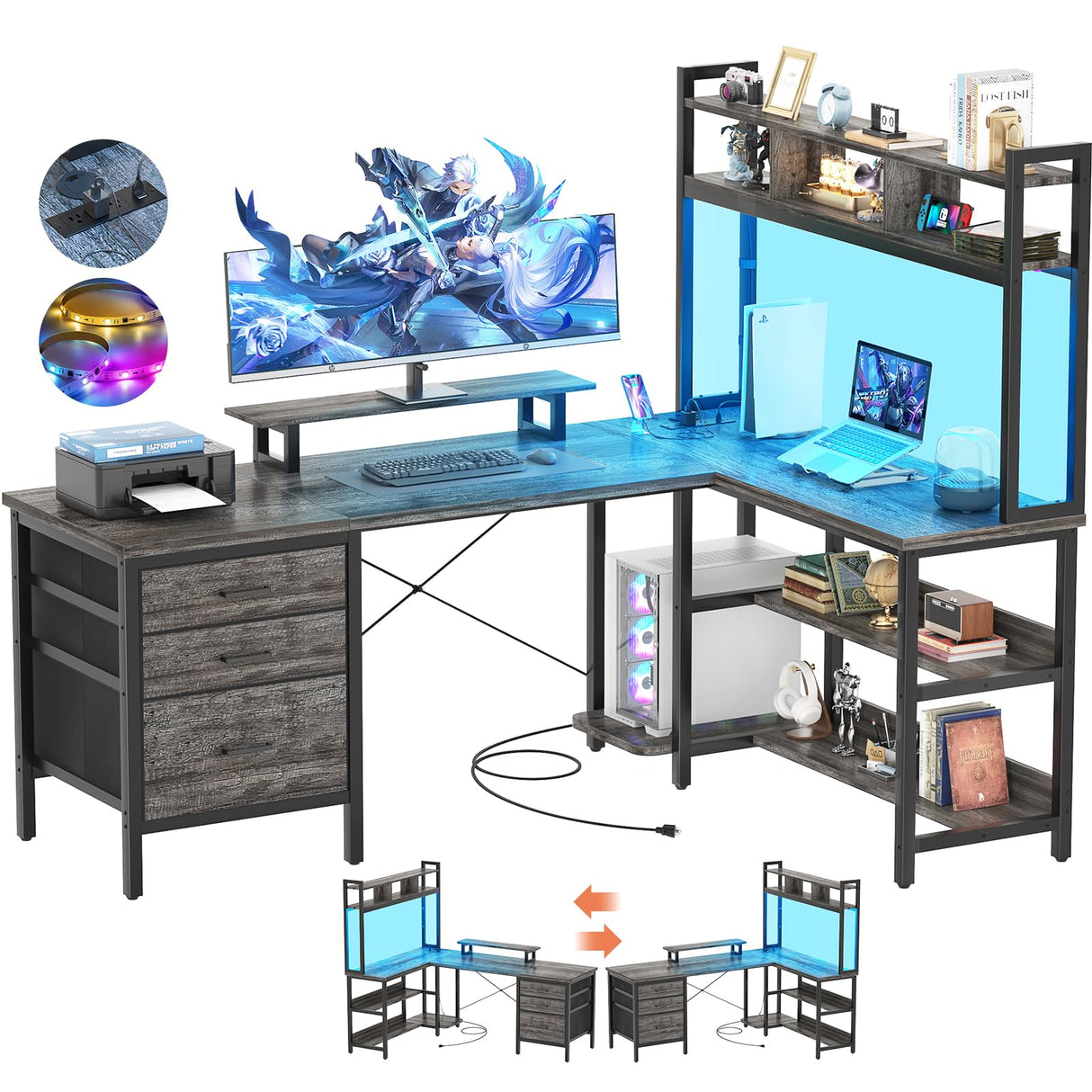 Aheaplus L Shaped Desk with Hutch, Gaming Desk with Led Lights, Reversible Computer Desk with Power Outlet, Corner Desk with File Drawer & Monitor Stand, Storage Shelves for Home Office, Black Oak Aheaplus
