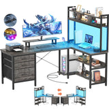Aheaplus L Shaped Desk with Hutch, Gaming Desk with Led Lights, Reversible Computer Desk with Power Outlet, Corner Desk with File Drawer & Monitor Stand, Storage Shelves for Home Office, Black Oak Aheaplus