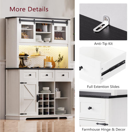 Amposei Farmhouse Kitchen Pantry Storage Cabinet 71-Inch Tall Hutch Cabinet with Microwave Stand, 3 Drawers, Power Outlet, Pegboard, Wine Racks, LED Light Rustic Coffee Bar Station, White Oak Amposei