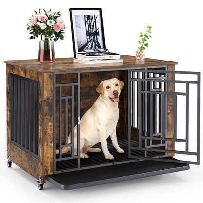 YITAHOME 38" Dog Crate Furniture with Wheels, Heavy Duty Wood Dog Cage Table with Removable Tray, Chew-Resistant Wooden Dog Kennel Indoor for Large and Medium Dogs Rustic Brown - WoodArtSupply