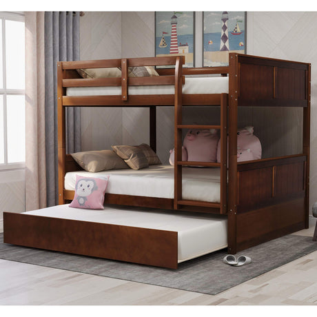 KLMM Full Over Full Bunk Bed with Trundle, Solid Wood Bunk Bed with Ladder and Safety Guard Rail, Can Accommodate 5 Person, Apply to Bedroom/Dormitory (Walnut) KLMM