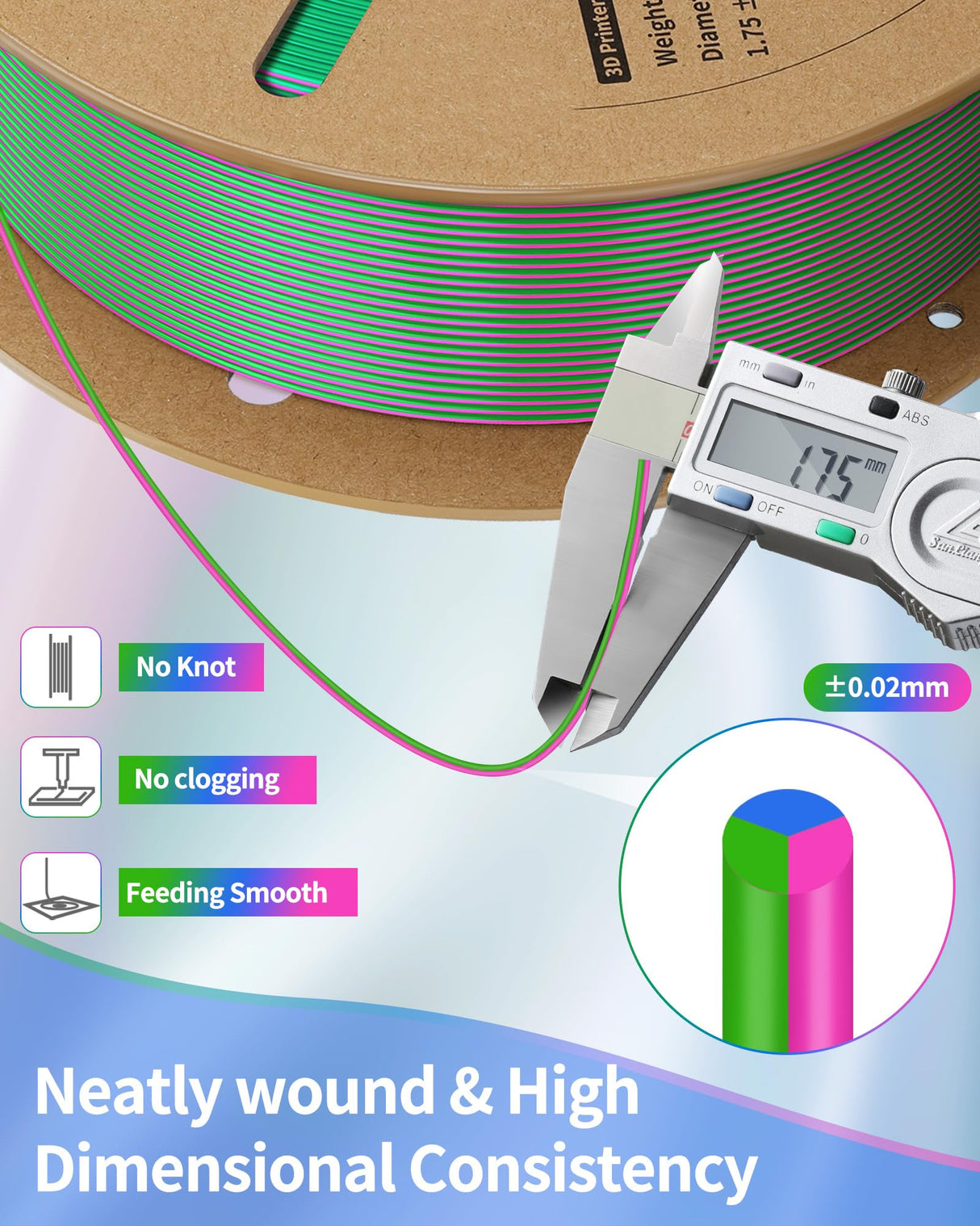 LANDU Silk Tri-Color PLA Filament 1.75mm 1Kg, Triple Color Silk PLA Filament, Silk Rainbow PLA Filament, Neatly Wound 3D Printer Filament, 3 in 1 Multi Color Filament +/-0.02mm, Silk Red Blue Green LANDU