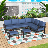 Kurapika Patio Furniture Set 8-Piece Aluminum Sectional Sofa with Armrest, Modern Outdoor Conversation Set, Metal Corner Sofa with Ottoman, Navy Blue Kurapika