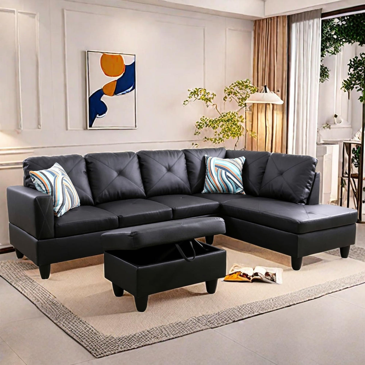 GlasFlength L Shaped Sectional Couches, Modern Convertible Lounge Leather Sofa with Ottoman Storage, Comfy Modular Sectional Sofa for Living Room Furniture Sets, Small Spaces, Black GlasFlength