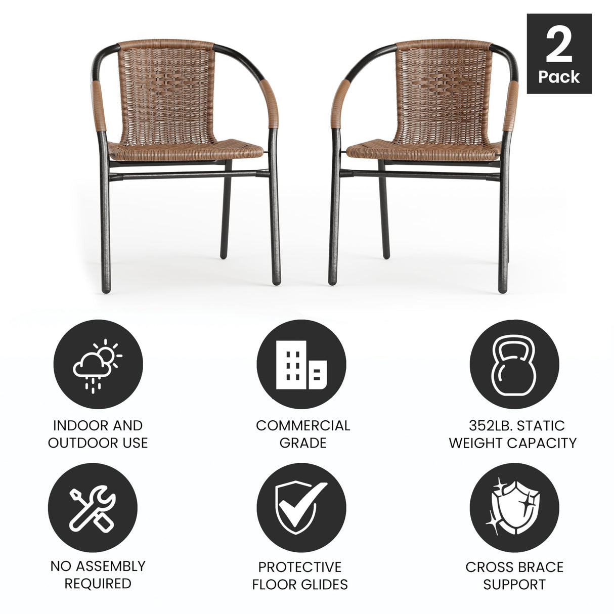 EMMA + OLIVER 2 Pack Medium Brown Rattan Indoor-Outdoor Restaurant Stack Chair EMMA + OLIVER