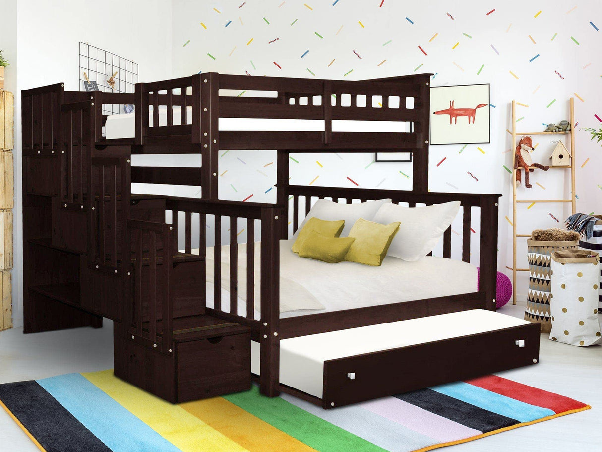 Bedz King Stairway Bunk Beds Twin over Full with 4 Drawers in the Steps and a Twin Trundle, Dark Cherry Bedz King