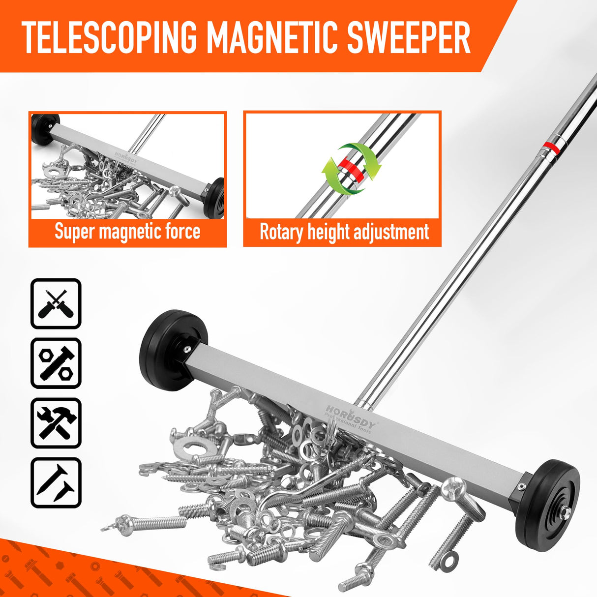 HORUSDY 17-Inch Rolling Magnetic Sweeper with Wheels | Adjustable Handle | 8.8-Pound Capacity Heavy-Duty Magnet to Pick Up Nails HORUSDY