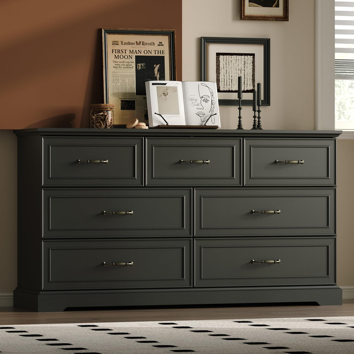 Farmhouse 7 Drawers Dresser for Bedroom, 57" Wide Modern Chest of Drawers with Deep Drawers & Bar Handles, Rustic Wood Dresser TV Stand, Wooden Closet Storage Organizer for Living Room, Hallway, Black Xixini