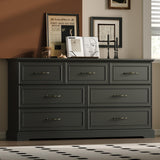 Farmhouse 7 Drawers Dresser for Bedroom, 57" Wide Modern Chest of Drawers with Deep Drawers & Bar Handles, Rustic Wood Dresser TV Stand, Wooden Closet Storage Organizer for Living Room, Hallway, Black Xixini