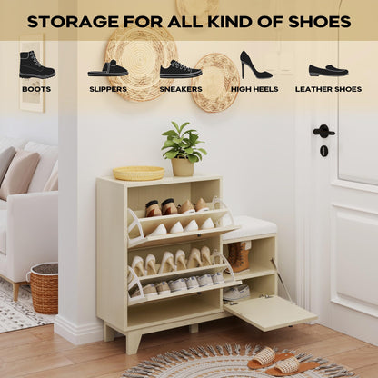 Staurana - 3 Flip Drawers Natural Rattan Shoe Storage Cabinet with Boucle Bench - Boho Shoes Cabinet Entryway with Mdf Wood - Decorative Shoe Rack Organizer with Drawer for Boots and Heels for Hallway