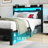 VERFARM Full Bed Frame with LED Lights Storage Upholstered Headboard and Charging Station, Metal Platform Double Bed Frame Full Size with 2-Tier Storage Shelves, No Box Spring Needed, Easy Assembly VERFARM