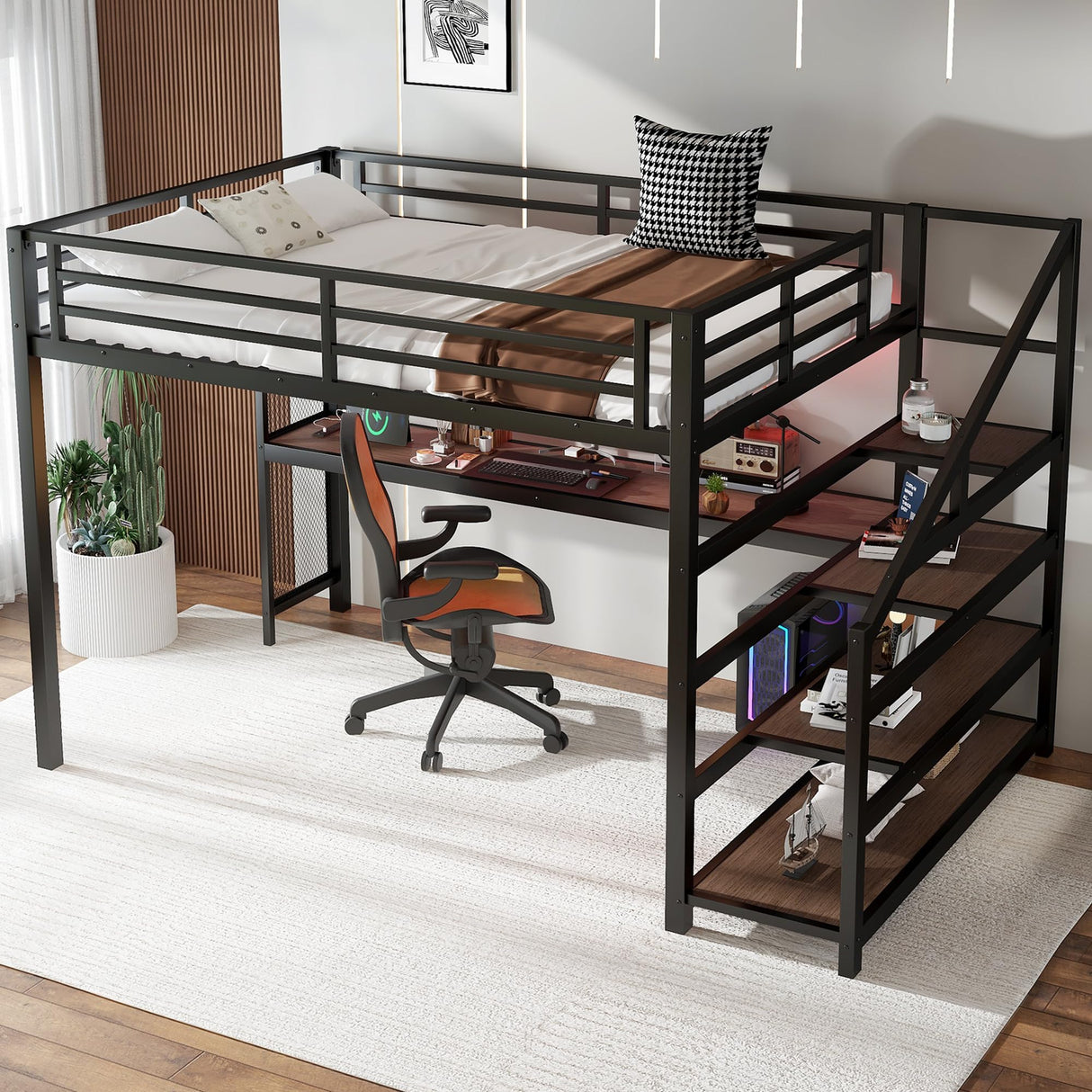 Metal Queen Size Loft Bed with Desk and Storage Stairs,Heavy Duty Loft Bed Frame Queen Size with LED Lights and Charging Station for Kids,Teens,Adults,Black Bellemave