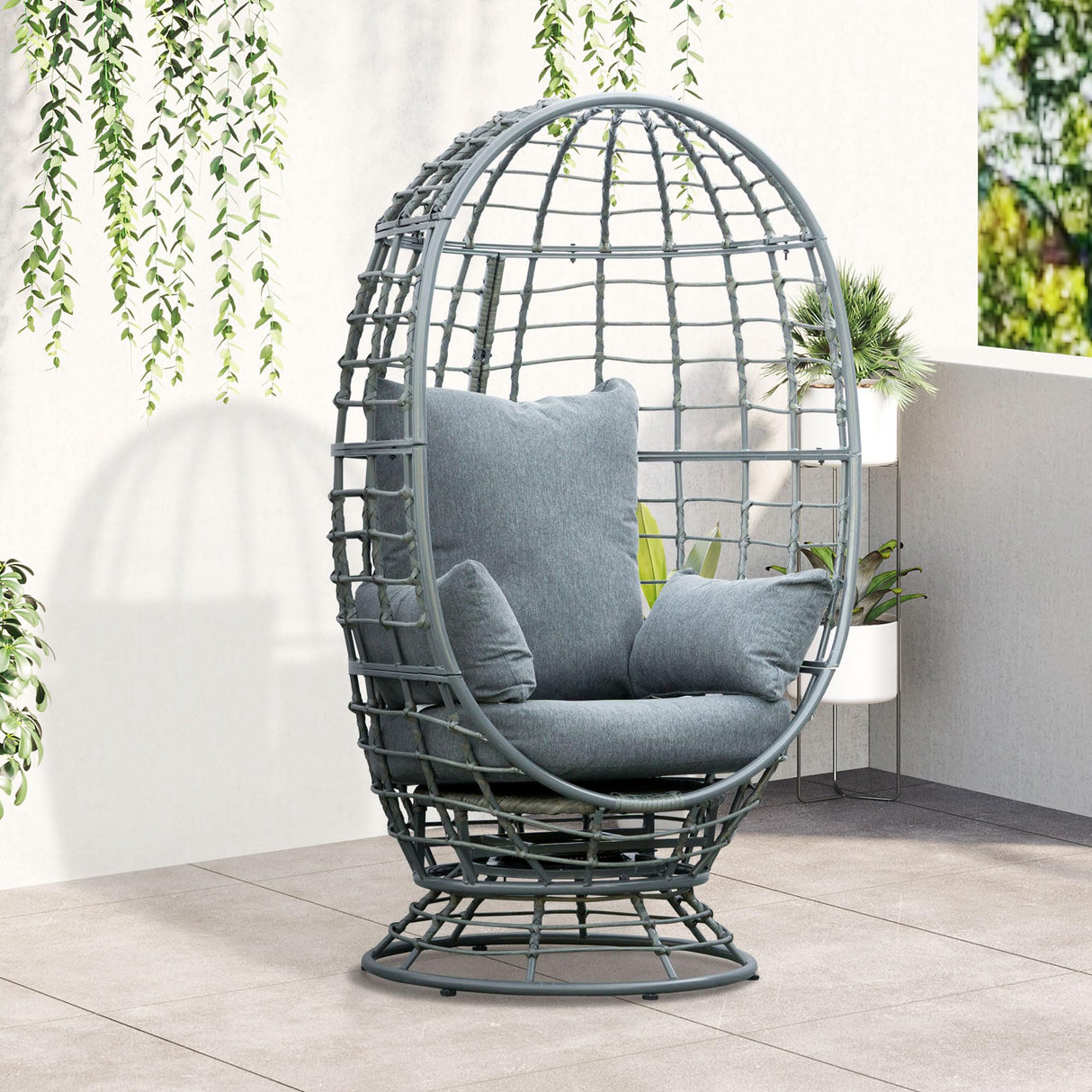 Outsunny Wicker Egg Chair, 360 Rotating Indoor Outdoor Boho Basket Seat with Cushion and Pillows for Backyard, Porch, Patio, Garden, Handwoven All-Weather PE Rattan, Steel Frame, Gray Outsunny