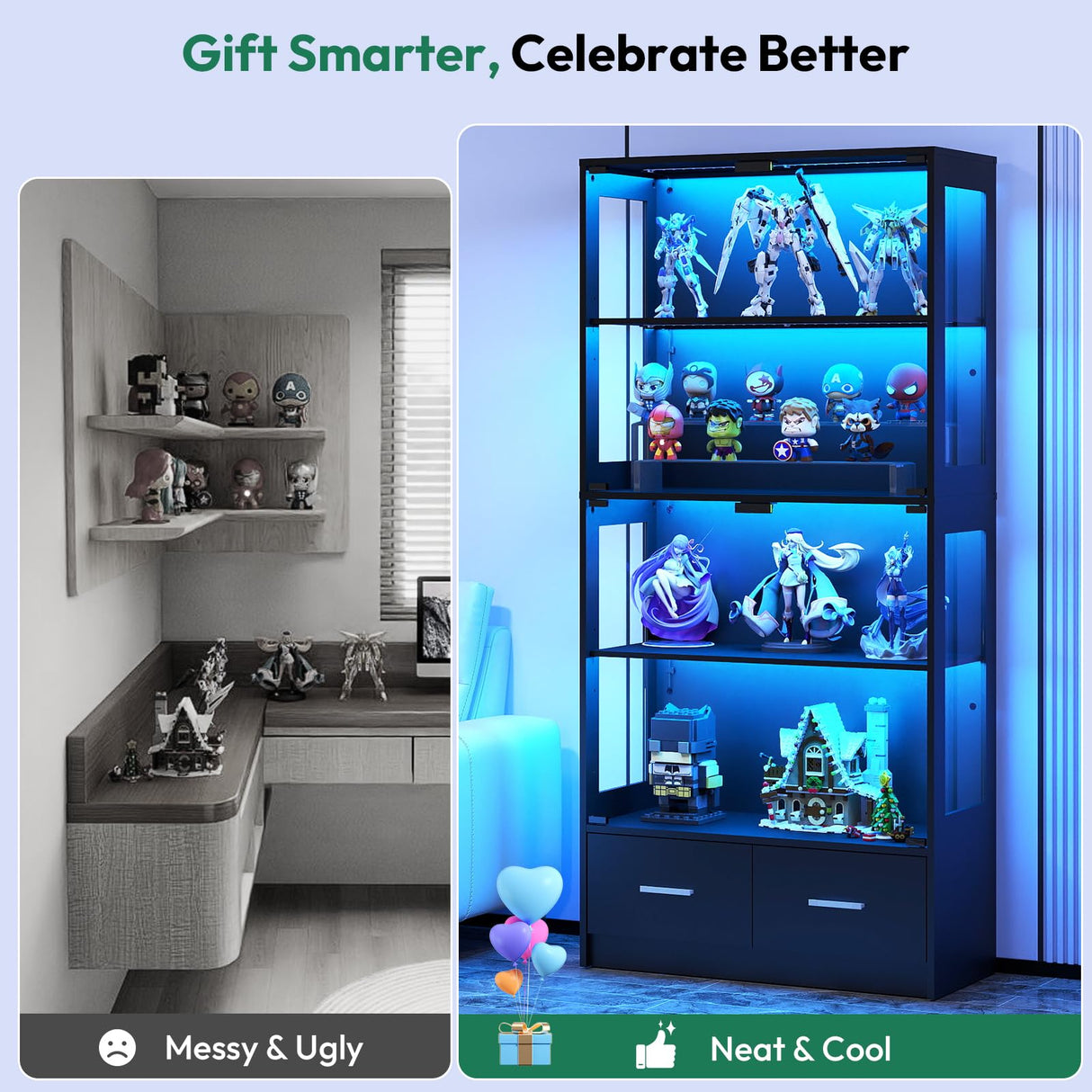 Lamtor Glass Display Cabinet with Doors - Curio Cabinet with Dynamic LED Lights for Collectibles, 67" Display Case with 4 Tier and Drawers for Figure, Toys, Books, Black Lamtor