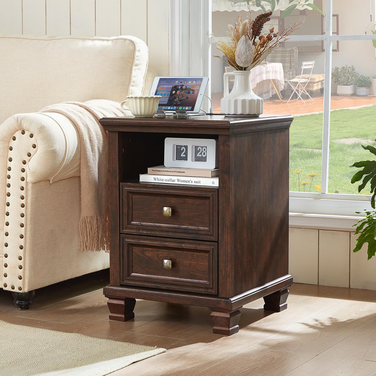 SAVOR LIFE Farmhouse Nightstand with Charging Station, Rustic Brown Nightstand,2 Drawers End Table for Living Room,Bedside Table with Open Shelf for Bed Room,Walnut SAVOR LIFE