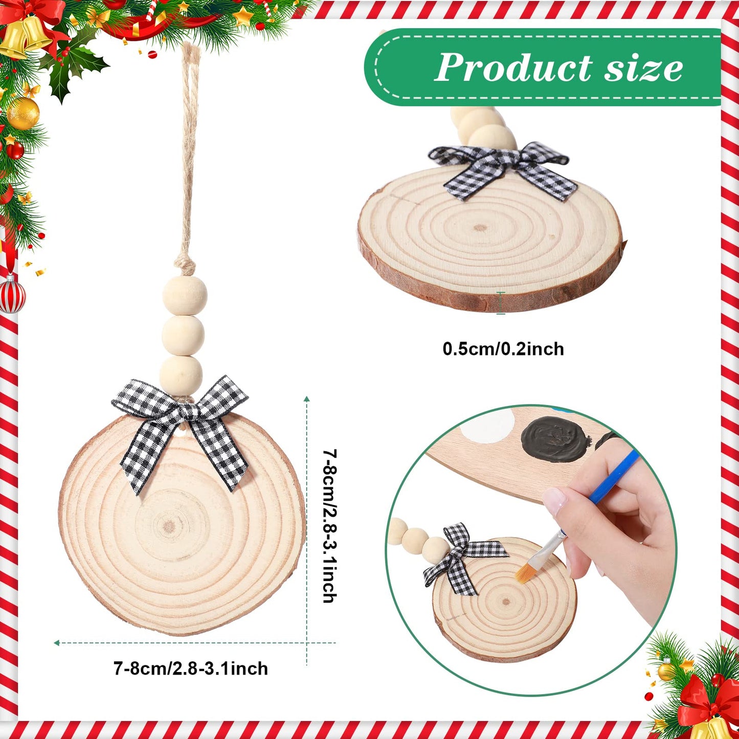 36 Pcs Wooden Christmas Ornament 2.8 to 3.2 Inch Craft Wood Kit Natural Wood Slices with Natural Beads Round Wood Beads and Black and White Bow for Arts and Crafts Christmas Ornaments (Classic Style)