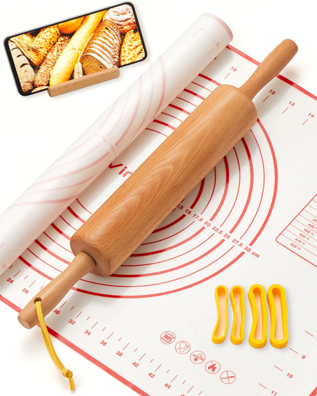 VINOIL Classic Wood Rolling Pin, 17" Rolling Pins for Baking with Silicone Mat and Adjustable Thickness Rings, Pasta Roller with Wood Base, Fondant Roller for Pie Crust, Cookies, Pizza Dough and Bread Vinoil