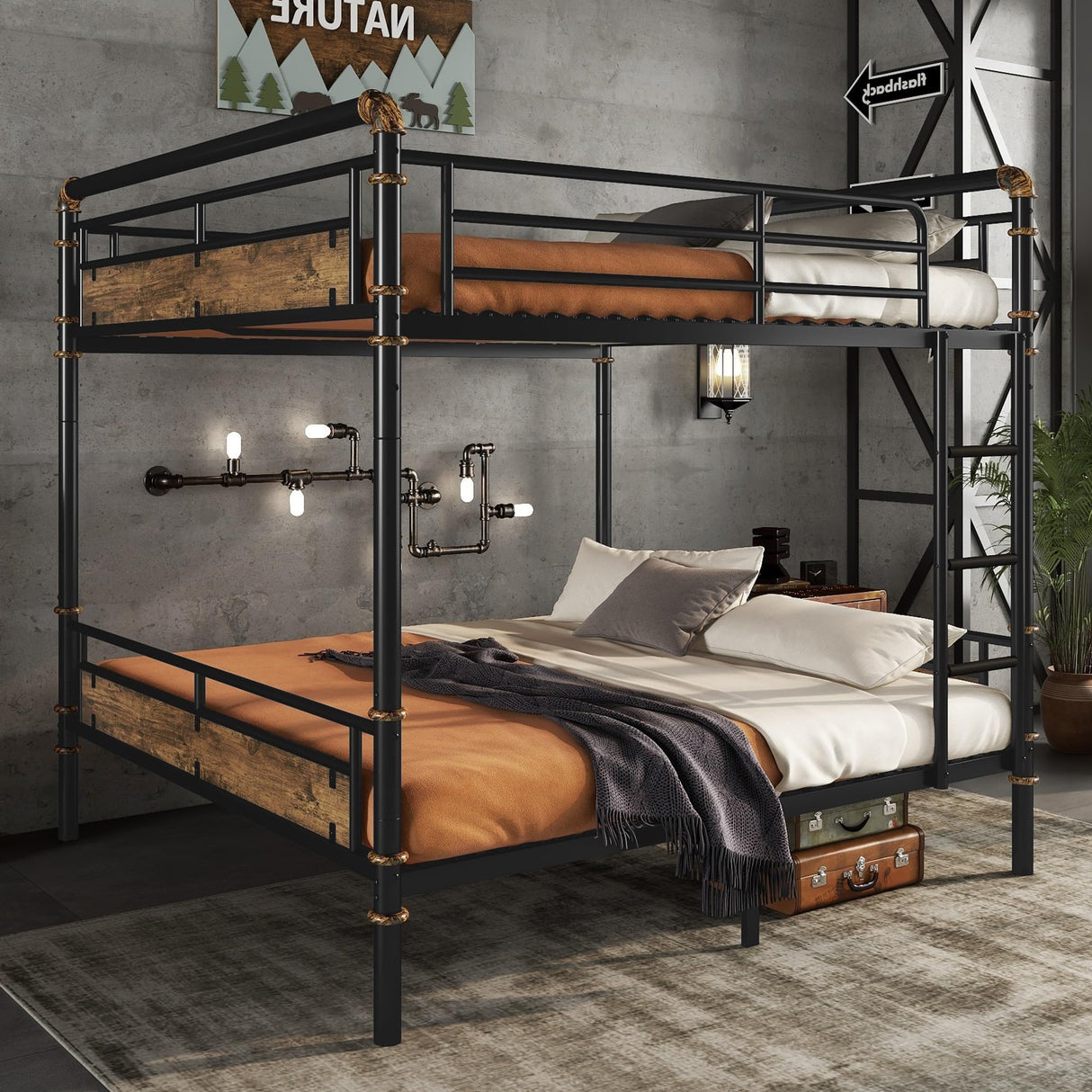 MoproBeti Queen Over Queen Industrial Bunk Beds for Teens or Adults, Heavy-Duty 2 in 1 Metal Convertible Bunk Bed with Ladder and Slats Support,15.9" High Guard Rail,Space-Saving,Noise Reduced,Black MoproBeti
