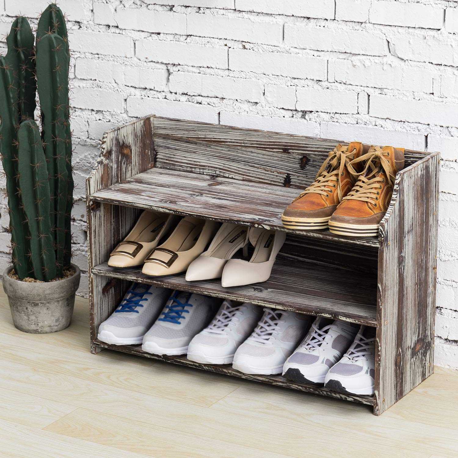 MyGift 3 Tier Rustic Torched Wood Wall Mounted/Freestanding Entryway Shoe Rack Storage Shelves, Closet Organizer Shelf - WoodArtSupply