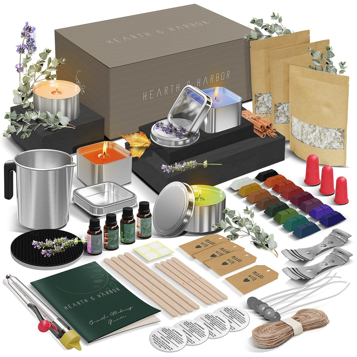 Hearth & Harbor Organic Soy Candle Making Kit for Adults, DIY Crafts, Complete Candle Making Supplies Include Natural Soy Wax, Tins, Scents, Dyes, Wicks & More – Gift Idea, Perfect Home Decor – 2 Lbs Hearth & Harbor
