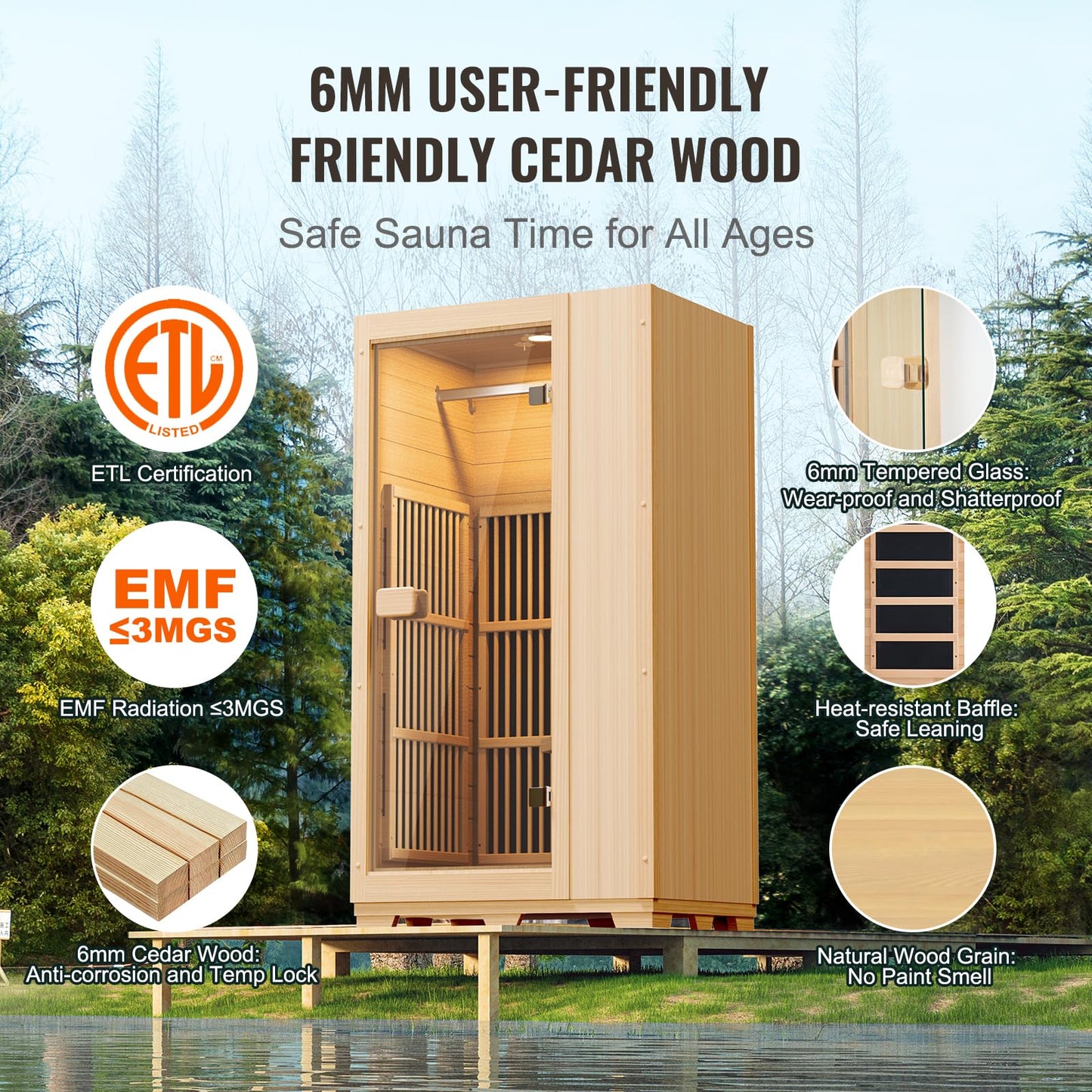 VEVOR Far Infrared Wooden Sauna, Room Home Sauna Spa for One Person, 1140W Low EMF Far Infrared Hemlock Wood Sauna with Tempered Glass Door & LED Reading Lamp & Bluetooth Speakers, 35 * 29 * 64 Inch