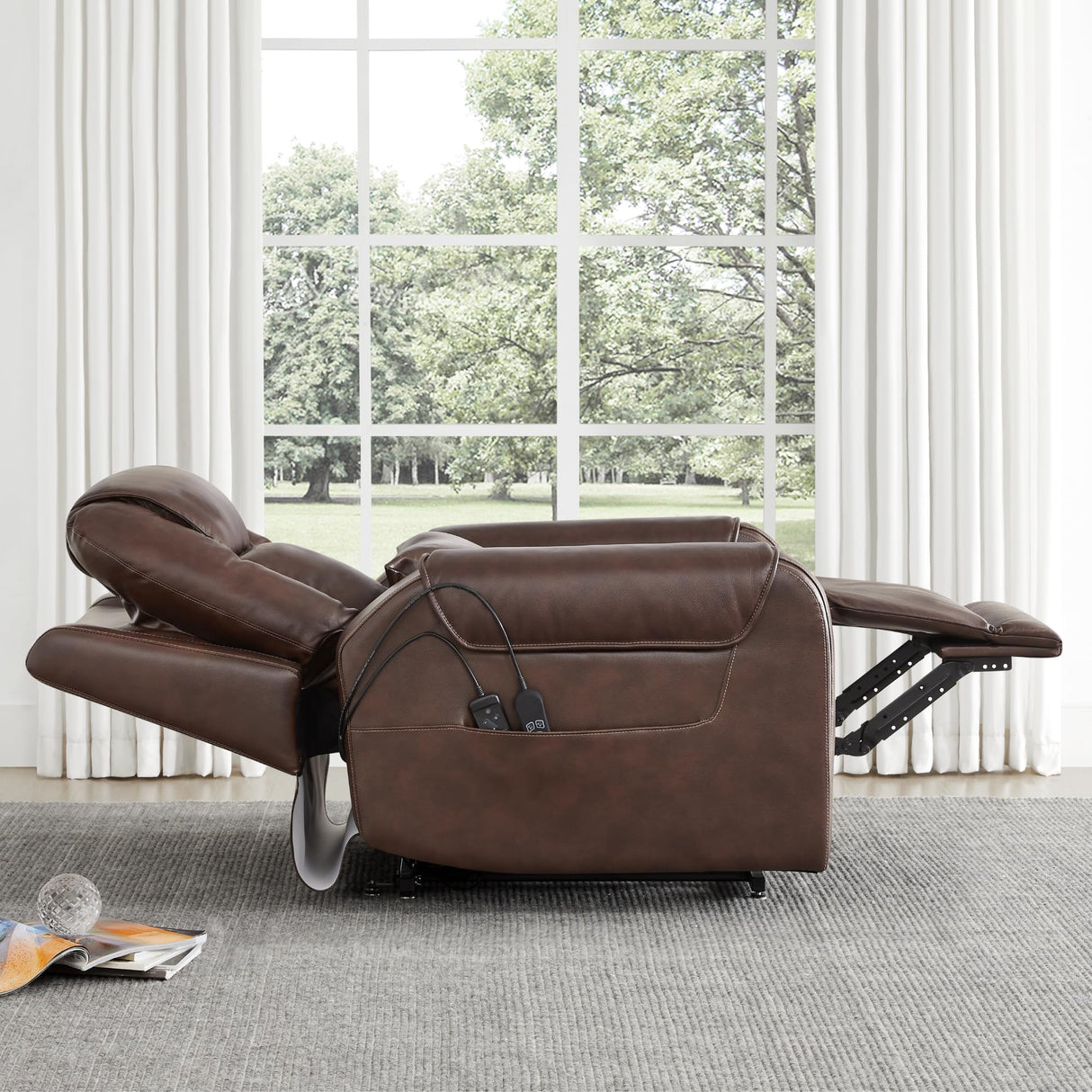 CHITA Electric Power Lift Recliner Chair for Elderly, Oversized Genuine Leather Chair with Cup Holders and USB Ports for Living Room, with Massage and Heat, Dark Brown CHITA