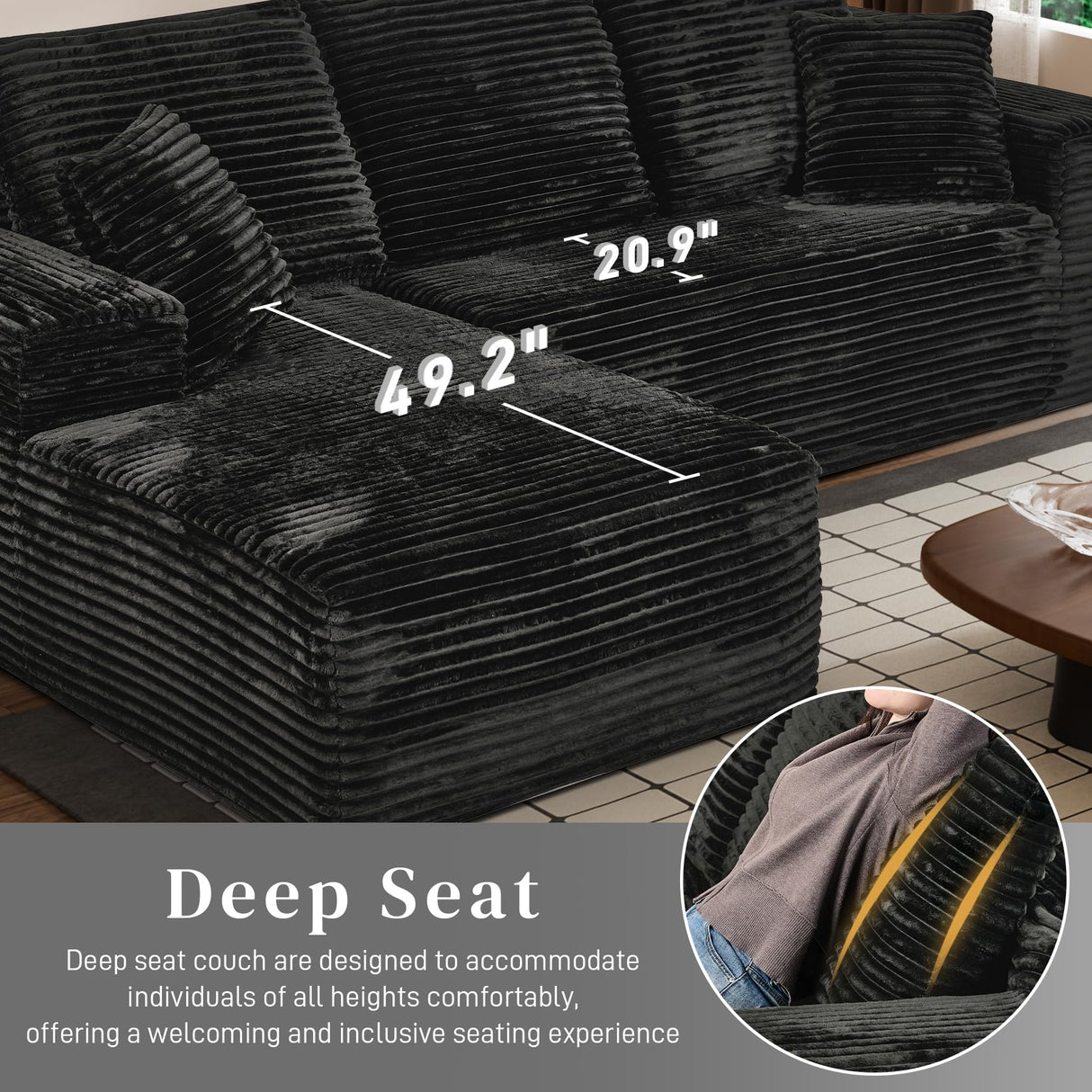 Modular Sectional Sofa Cloud Sectional Couch, 107" Comfy Fluffy L Shaped Black Couches for Living Room, Deep Seat Memory Foam Plush Corduroy Boneless Couch Sectionals with Left Facing Chaise Sofa HYJT-H&K