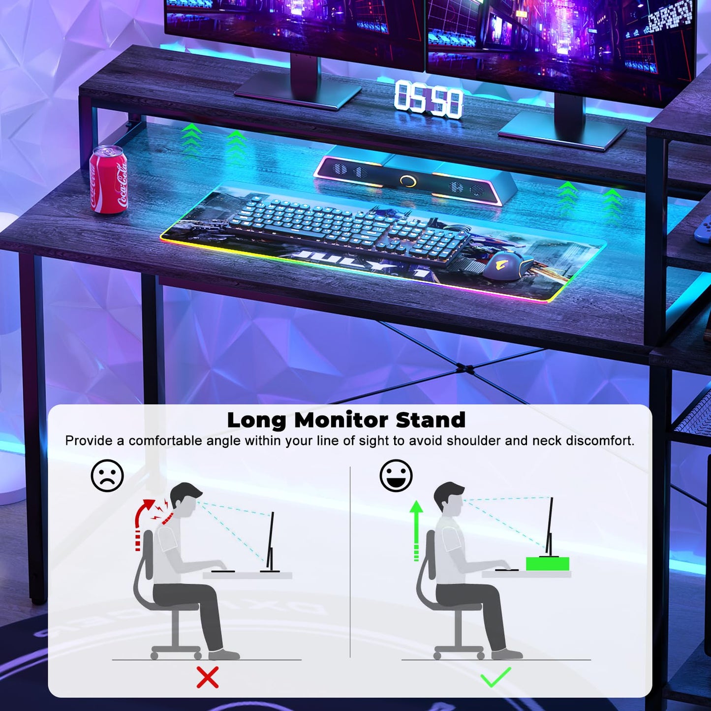 iSunirm 47" Gaming Desk with Storage, Computer Desk with LED Lights, Home Office Desk with Adjustable Shelves & Power Outlets, Gaming Computer Desk with Long Monitor Stand - WoodArtSupply