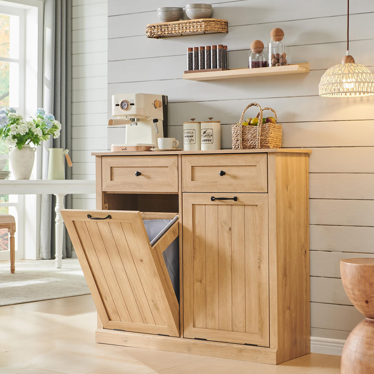 IFBUY Double Tilt Out Laundry Hamper Cabinet, 20 Gallon Farmhouse Trash Can Cabinet with Drawer, Hidden Wood Garbage Can Bin Cabinets with Laundry Storage Basket for Bathroom, Kitchen (Natural) IFBUY