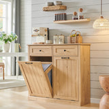 IFBUY Double Tilt Out Laundry Hamper Cabinet, 20 Gallon Farmhouse Trash Can Cabinet with Drawer, Hidden Wood Garbage Can Bin Cabinets with Laundry Storage Basket for Bathroom, Kitchen (Natural) IFBUY